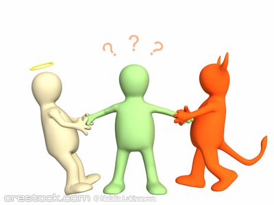 3d devil and angel pulling person for hands